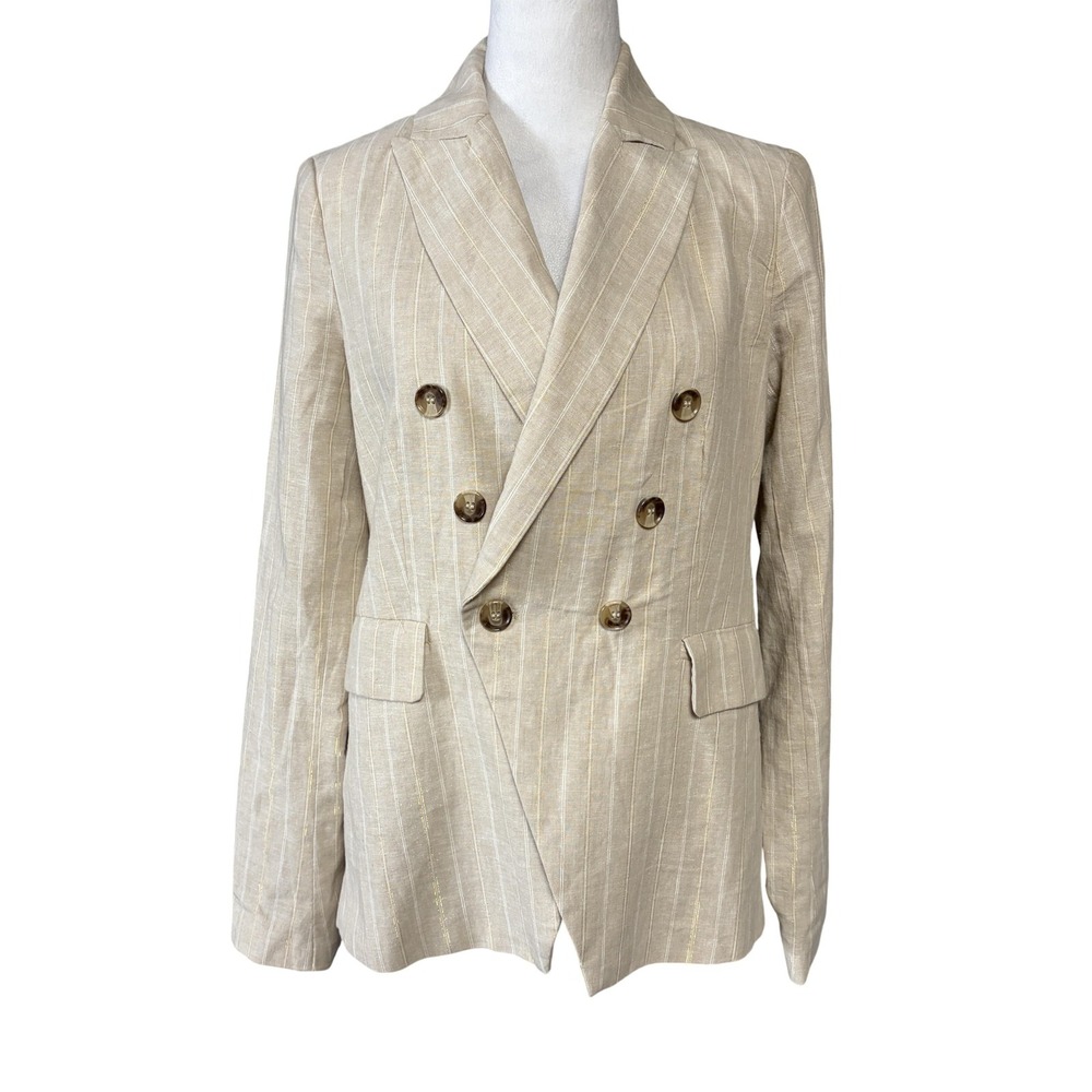 Joie Blazer Womens XS Beige Linen Blend Striped Double Breasted Lined Jacket